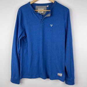 SCOTT ELLIS Men Deer Logo Blue Long Sleeve Henley Neck T Shirt